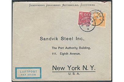 60 öre Svensk Presse og 1 kr. Tre Kroner på luftpostbrev fra Sandviken d. 14.12.1945 til New York, USA.