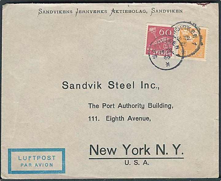 60 öre Svensk Presse og 1 kr. Tre Kroner på luftpostbrev fra Sandviken d. 14.12.1945 til New York, USA.