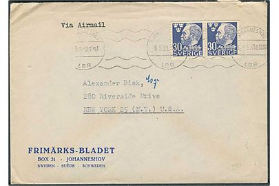 30 öre Nobel i parstykke på luftpostbrev fra Johanneshov d. 6.5.1952 til New York, USA.