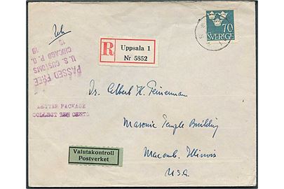 70 öre Tre Kroner single på anbefalet brev fra Uppsala d. 3.1.1952 til Macomb, USA. Amerikanske toldstempler.