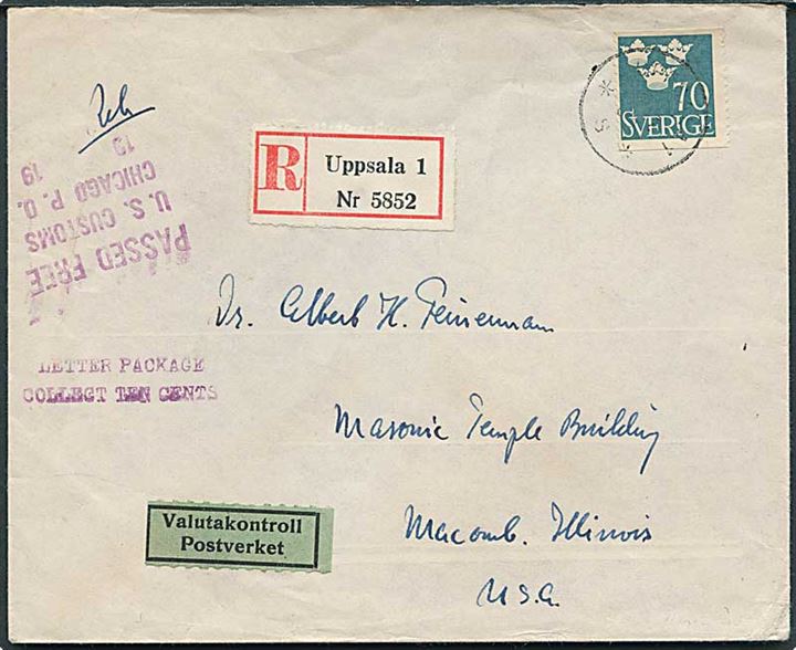 70 öre Tre Kroner single på anbefalet brev fra Uppsala d. 3.1.1952 til Macomb, USA. Amerikanske toldstempler.