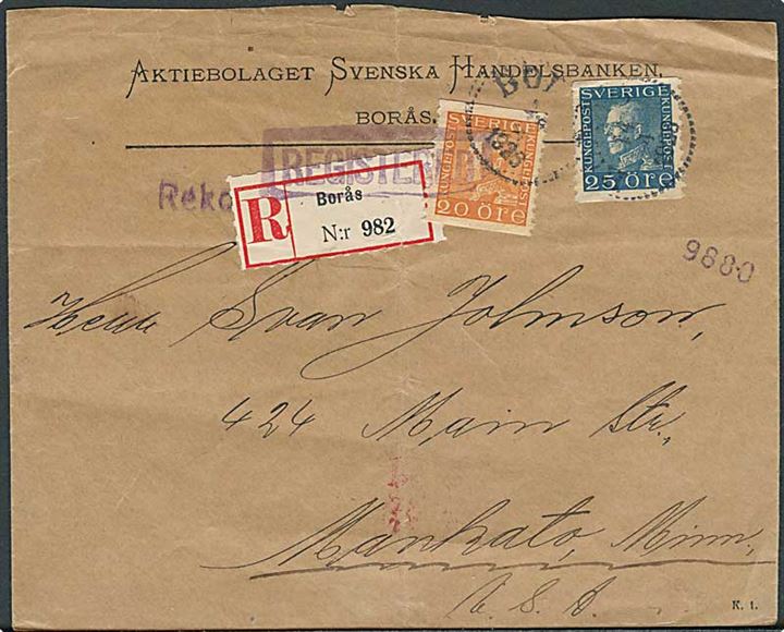 20 öre og 25 öre Gustaf på anbefalet brev fra Borås d. 14.4.1926 via Chicago til Makanto, USA. Fold.