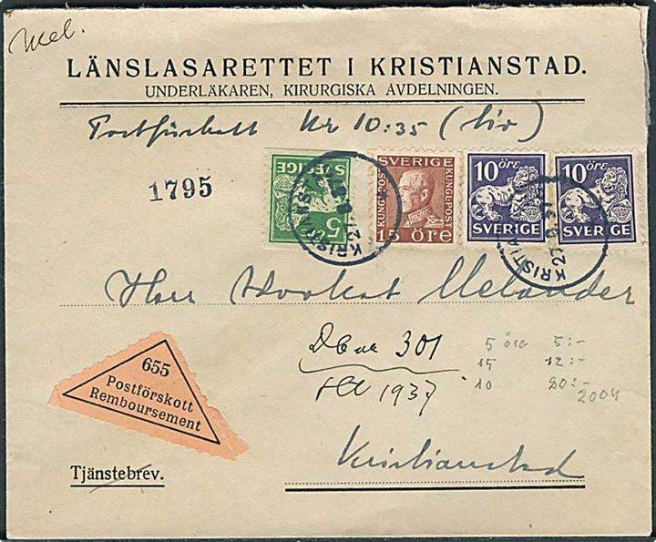 5 öre, 10 öre (par) Løve og 15 öre Gustaf på lokalbrev med opkrævning i Kristianstad d. 27.8.1937. 