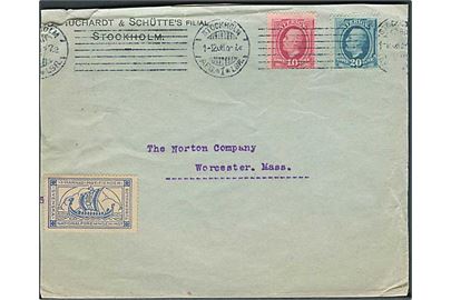 10 öre og 20 öre Oscar, samt Julemærke 1908 på brev fra Stockholm d. 1.12.1908 til Worchester, USA.