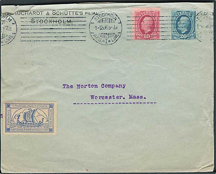 10 öre og 20 öre Oscar, samt Julemærke 1908 på brev fra Stockholm d. 1.12.1908 til Worchester, USA.