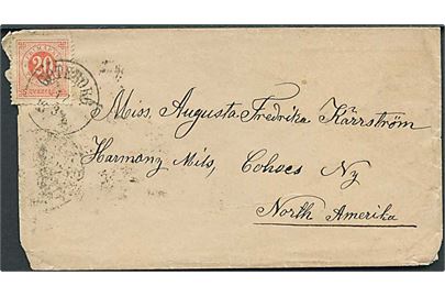 20 öre Ringtype på brev fra Göteborg d. 17.3.1883 til Cohoes, USA. Mærke yderligt placeret.