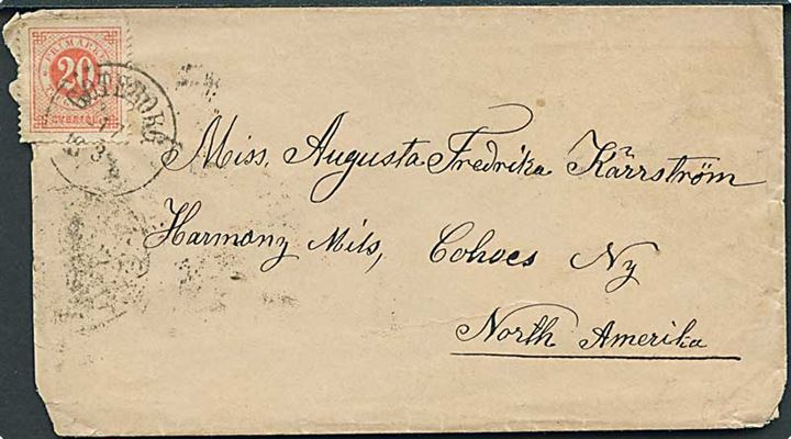 20 öre Ringtype på brev fra Göteborg d. 17.3.1883 til Cohoes, USA. Mærke yderligt placeret.