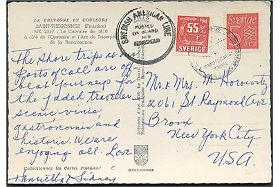 5 öre og 55 öre på brevkort (Saint Thegonnec) annulleret med skibsstempel M/S Kungsholm Spring Adventure Cruise til New York, USA. Svagt dato.