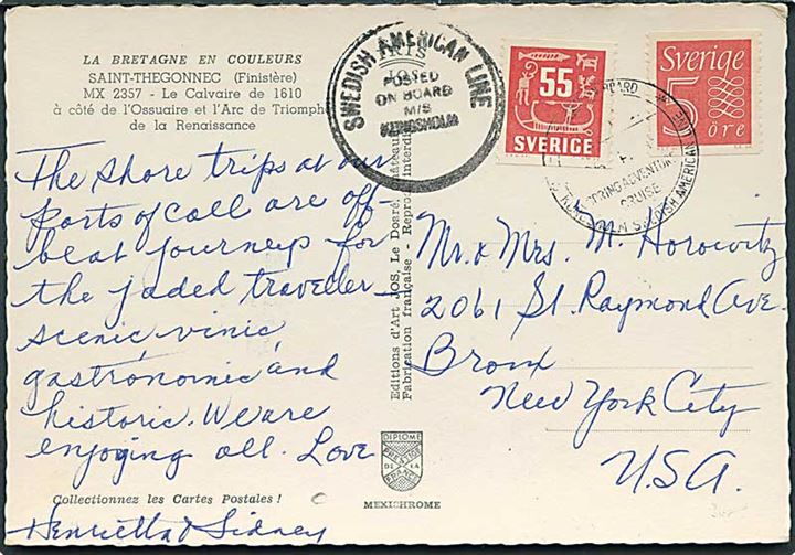 5 öre og 55 öre på brevkort (Saint Thegonnec) annulleret med skibsstempel M/S Kungsholm Spring Adventure Cruise til New York, USA. Svagt dato.