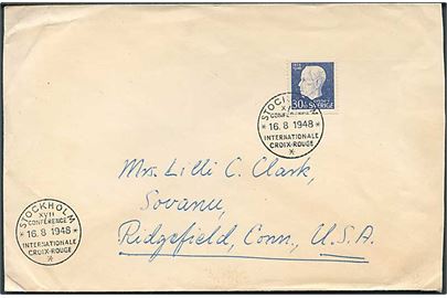 30 öre Gustaf 90 år single på brev annulleret med særstempel Stockholm XVII Conference Internationale Croix-Rouge d. 16.8.1948 til Ridgefield, USA.