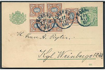 5 öre Gustaf helsagsbrevkort opfrankeret med 1 öre Ciffer (5) fra ôrebro d. 21.11.1911 til Kgl. Weinberge, Østrig.