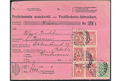 5 pen. og 10 pen. (6) Våben på Postopkrævnings-adressekort for pakke fra Åbo d. 24.7.1912 til Kajaani.