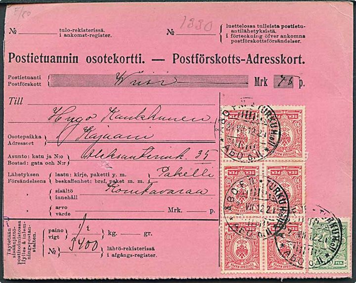 5 pen. og 10 pen. (6) Våben på Postopkrævnings-adressekort for pakke fra Åbo d. 24.7.1912 til Kajaani.