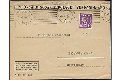 8 mk. Løve single på brev fra Turku d. 20.7.1946 til Svartsmara pr. Pålsböle på Ålandsøerne.