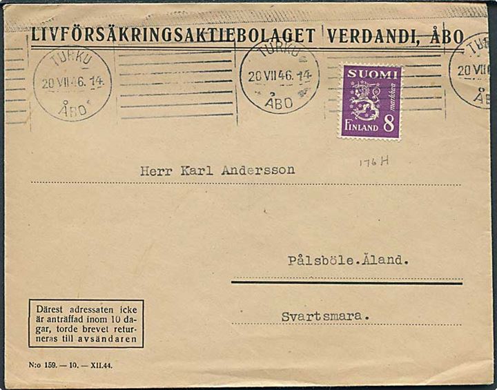 8 mk. Løve single på brev fra Turku d. 20.7.1946 til Svartsmara pr. Pålsböle på Ålandsøerne.