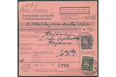 10 pen. og 3 mk. Løve på Postopkrævnings-adressekort for pakke fra Helsingfors d. 13.12.1930 til Kajaani.