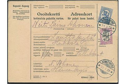 2 mk. og 5 mk. Løve på adressekort for pakke fra Hämeenkyrö d. 31.1.1929 til Lauttakylä.