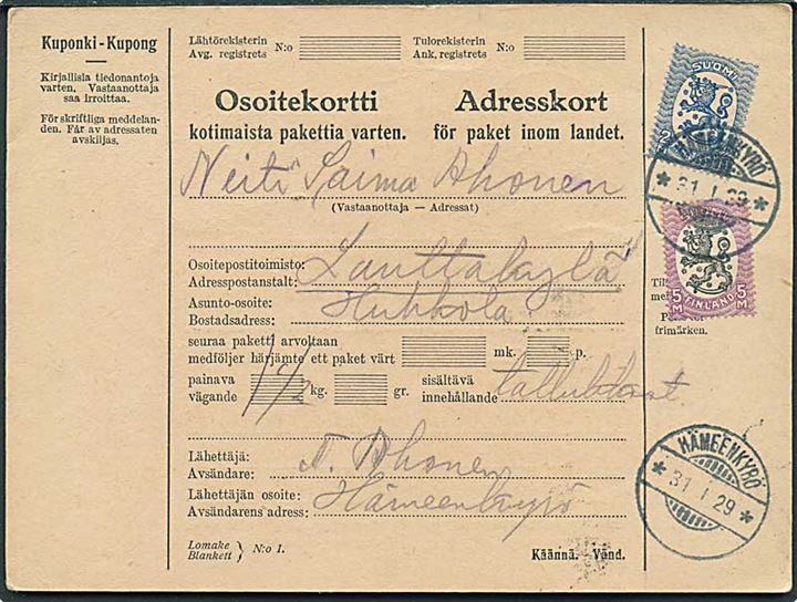 2 mk. og 5 mk. Løve på adressekort for pakke fra Hämeenkyrö d. 31.1.1929 til Lauttakylä.