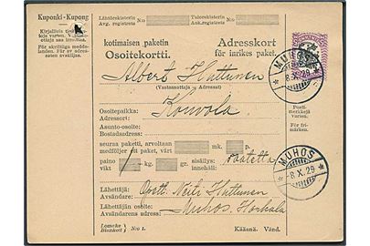 5 mk. Løve single på adressekort for pakke fra Muhos d. 8.10.1929 til Kouvola.