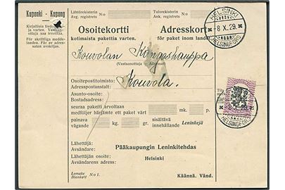 5 mk. Løve single på adressekort for pakke fra Helsinki d. 8.10.1929 til Kouvola.
