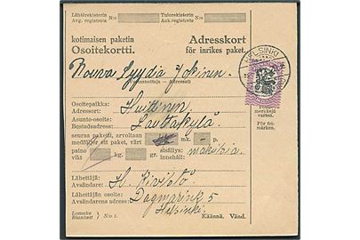 5 mk. Løve single på adressekort for pakke fra Helsinki d. 3.9.1929 til Lauttakylä.