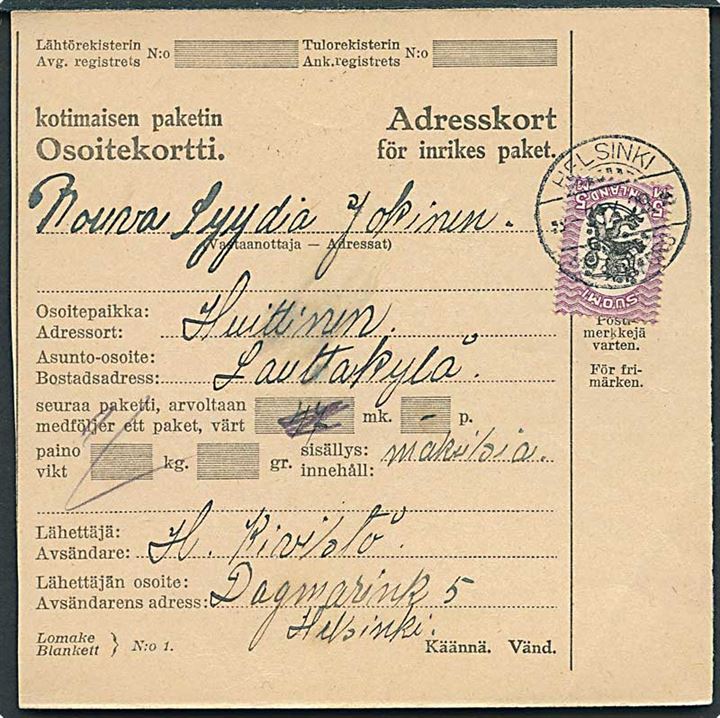 5 mk. Løve single på adressekort for pakke fra Helsinki d. 3.9.1929 til Lauttakylä.