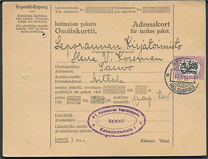 5 mk. Løve single på adressekort for pakke fra Helsinki d. 13.4.1929 til Sauvo.