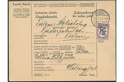 5 mk. Løve single på adressekort for pakke fra Helsinki d. 26.4.1929 til Fiskars.