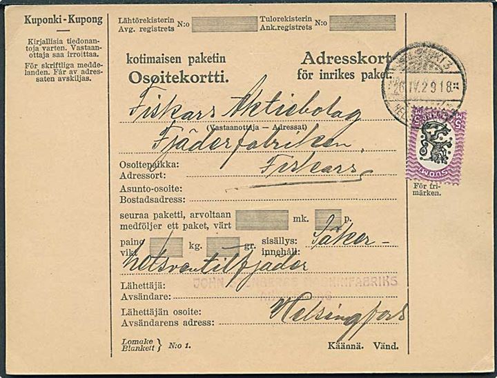 5 mk. Løve single på adressekort for pakke fra Helsinki d. 26.4.1929 til Fiskars.