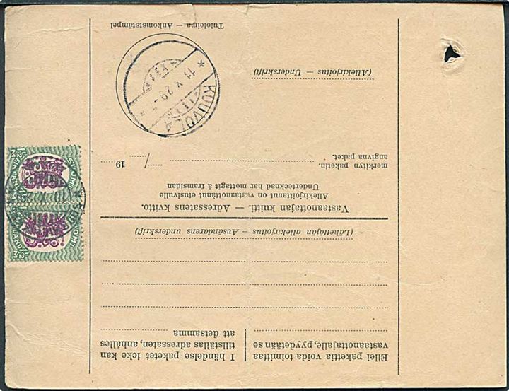 1½ mk. Løve (8) på for- og bagside af adressekort for pakke fra Suurmiehikkala d. 10.10.1929 til Kouvola.