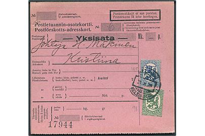 50 pen. og 2 mk. Løve på postopkrævning fra Helsinki d. 31.10.1928 til Kristinested.