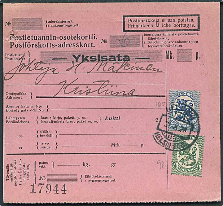 50 pen. og 2 mk. Løve på postopkrævning fra Helsinki d. 31.10.1928 til Kristinested.