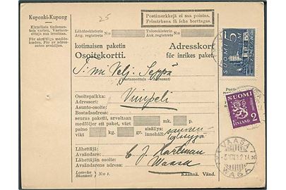 2 mk. Løve og 5 mk. Olofsborg på adressekort for pakke fra Vaasa d. 5.12.1932 til Wimpeli.
