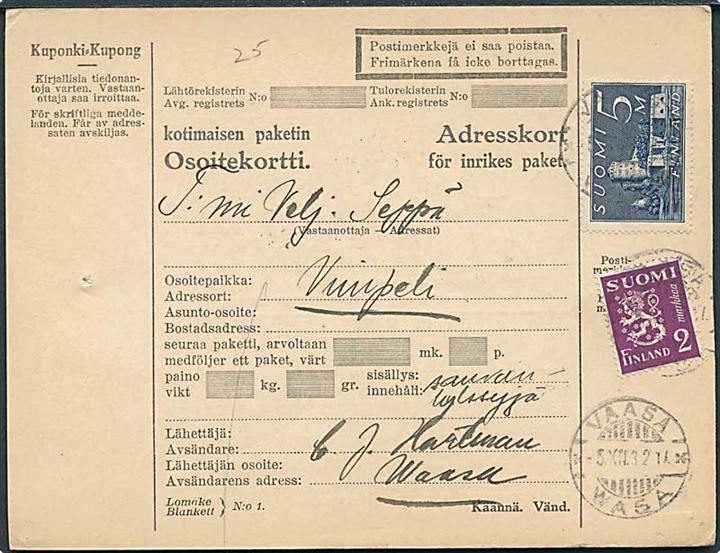 2 mk. Løve og 5 mk. Olofsborg på adressekort for pakke fra Vaasa d. 5.12.1932 til Wimpeli.