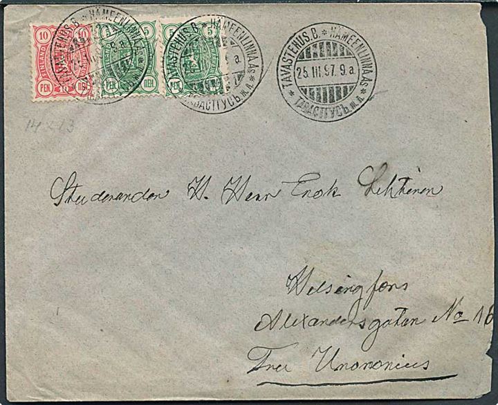 5 pen. (2) og 10 pen. Våben på brev fra Tavastehus B. d. 25.3.1897 til Helsingfors.