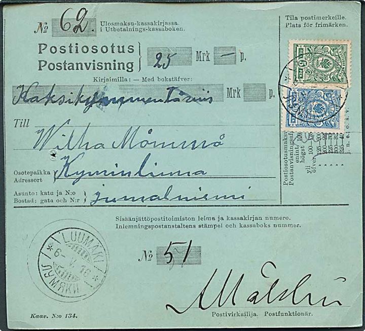 5 pen. og 20 pen. Våben på postanvisning fra Luumäki d. 6.5.1916 til Kyminlinna.