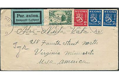 50 pen. Postjubilæum, 2 mk. og 3½ mk. (2) Løve på luftpostbrev fra Turku d. 4.12.1938 til Virginia, USA.