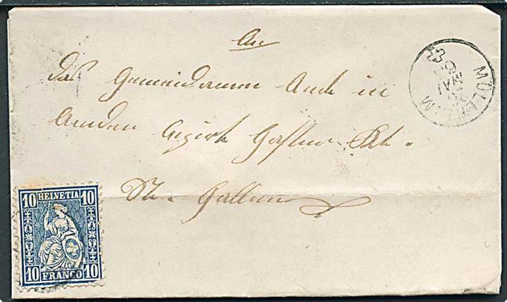 10 c. Helvetia på brev fra Hüllheim d. 26.5.1863 til Amden.