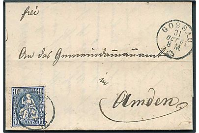 10 c. Helvetia på brev fra Gossau d. 31.10.1864 til Amden.