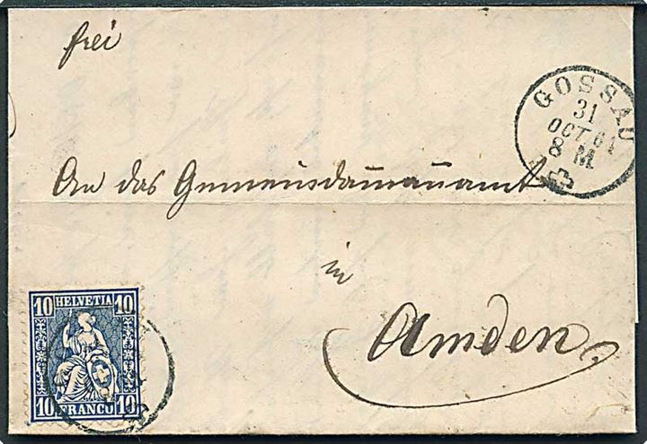 10 c. Helvetia på brev fra Gossau d. 31.10.1864 til Amden.