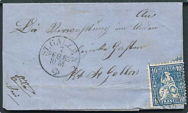 10 c. Helvetia på brev fra St. Gallen d. 7.2.1863 til Amden.