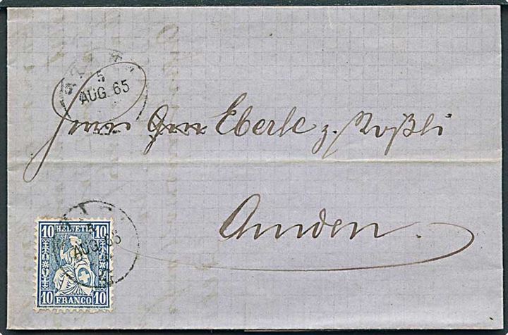 10 c. Helvetia på brev fra Staefa d. 5.8.1865 til Amden.