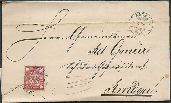 10 c. Helvetia på brev fra Ragaz d. 14.10.1875 til Amden.