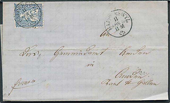 10 c. Helvetia på brev fra Rapperswyl d. 11.4.1866 til Amden.