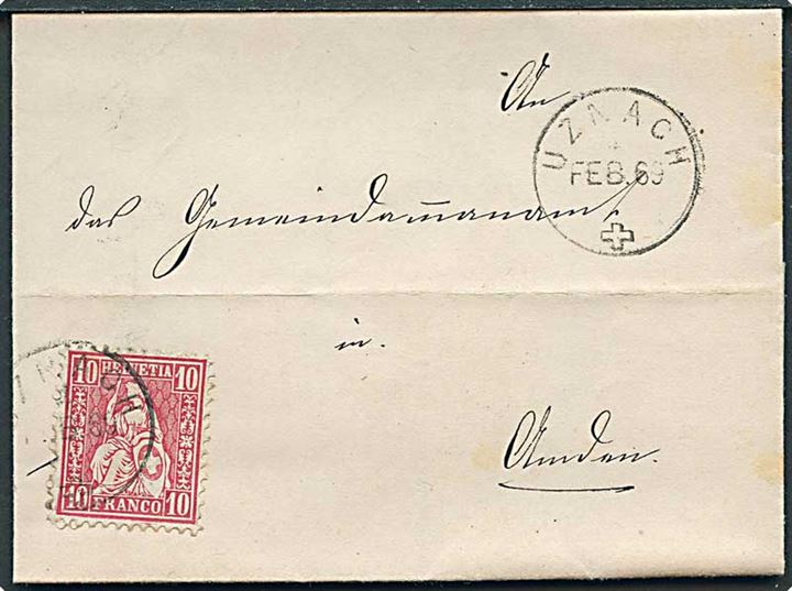 10 c. Helvetia på brev fra Uznach d. 4.2.1869 til Amden.