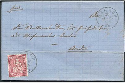 10 c. Helvetia på brev fra Uznach d. 26.5.1867 til Amden.