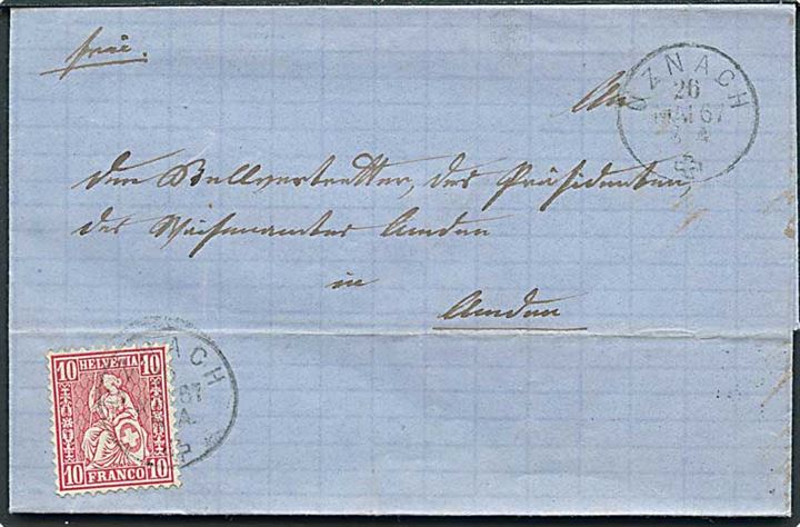 10 c. Helvetia på brev fra Uznach d. 26.5.1867 til Amden.