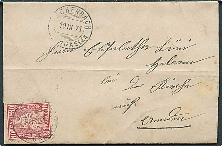10 c. Helvetia på brev fra ..schenbach d. 10.9.1871 til Amden.