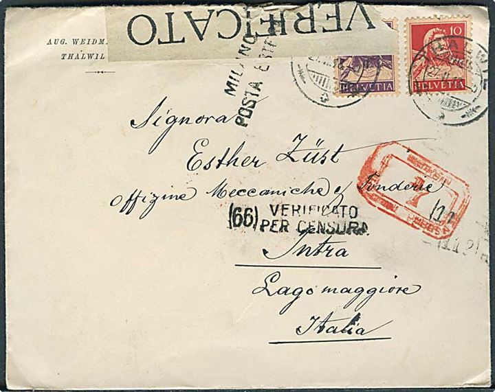 10 c. og 15 c. Tell på brev fra Thalwil d. 27.2.1918 til Intra, Italien. Åbnet af italiensk censur.