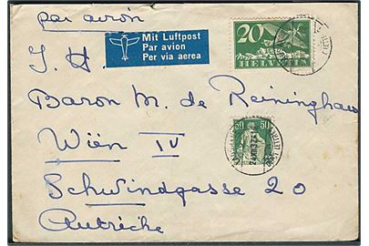 20 c. Luftpost og 50 c. Helvetia på luftpostbrev fra Lausanne d. 24.12.1937 til Wien, Østrig.